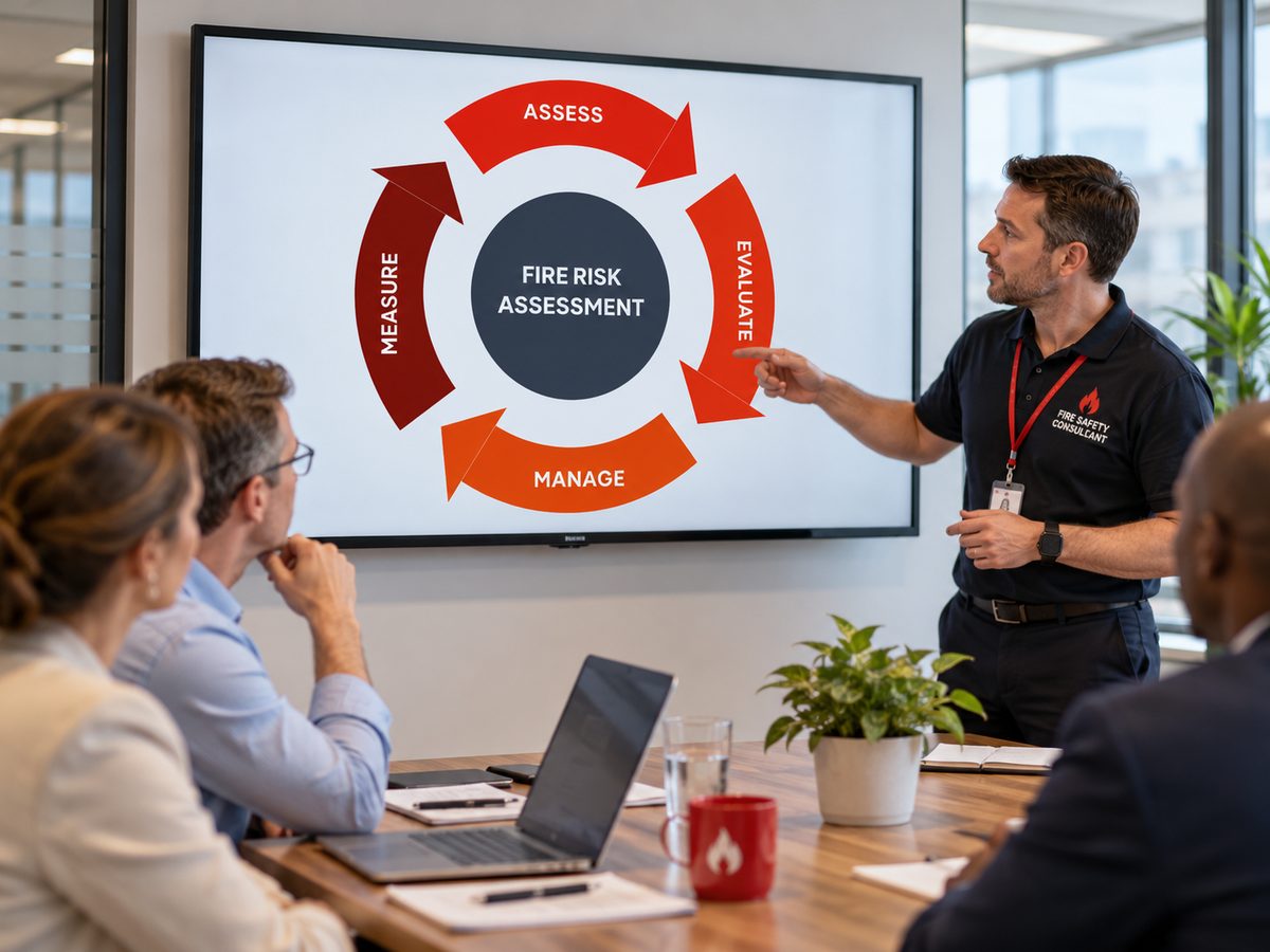 Consultant presenting the fire risk assessment cycle to a client