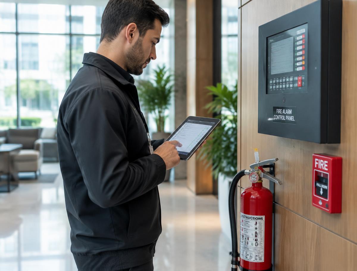 Consultant checking a fire alarm panel