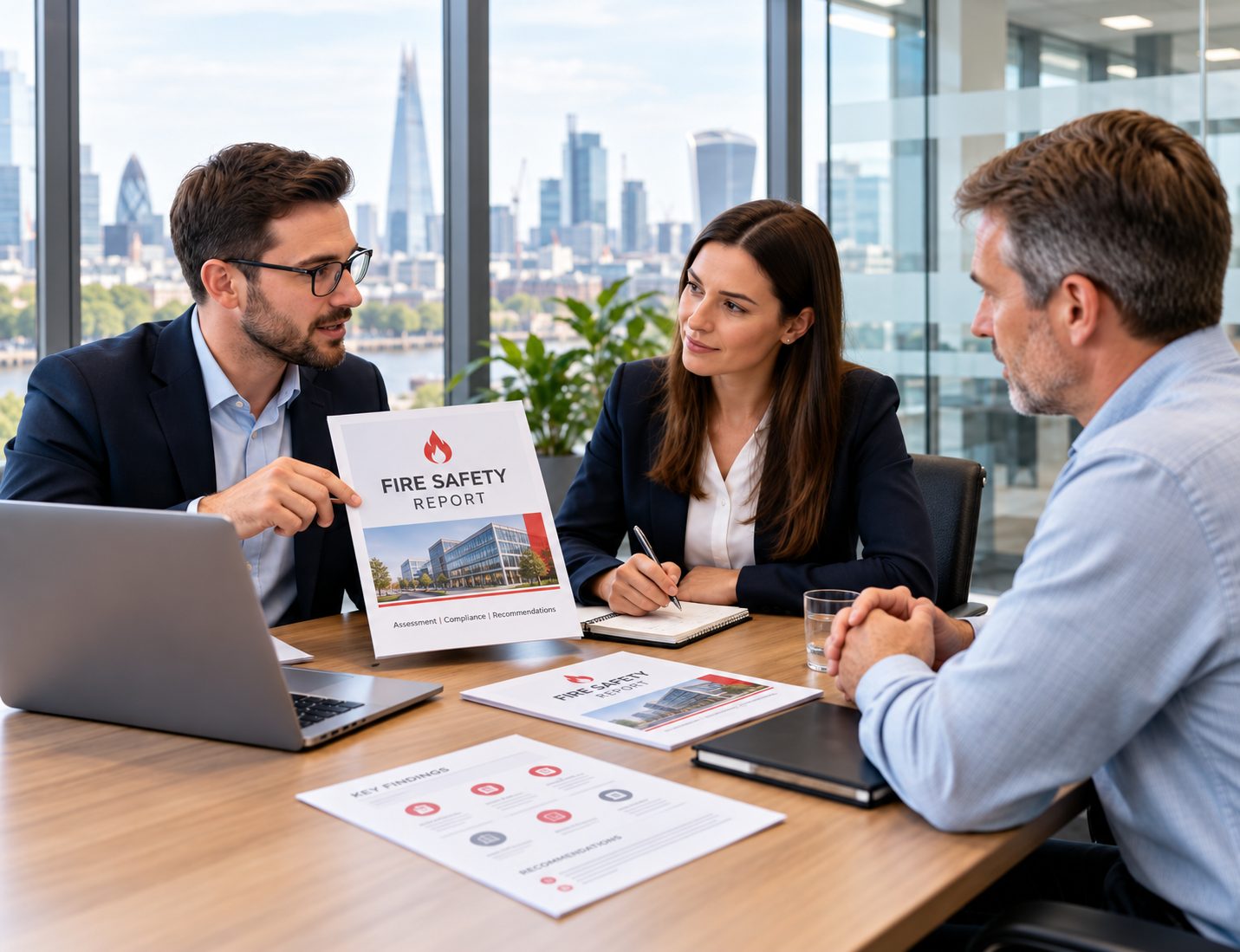 Consultants discussing a fire safety report with a client