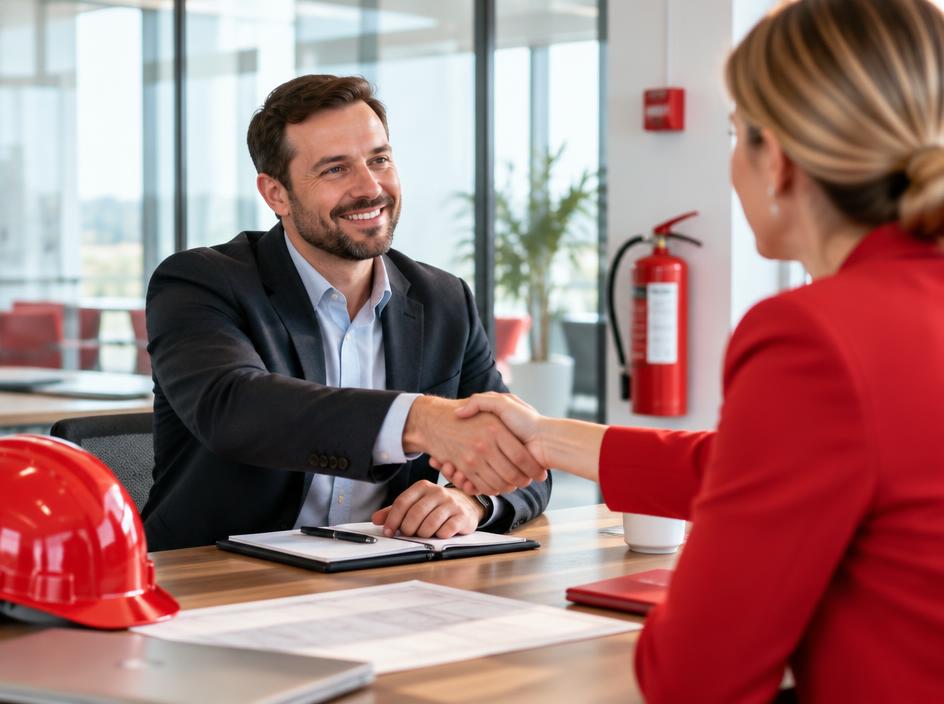 Consultant shaking hands with a client in a meeting room