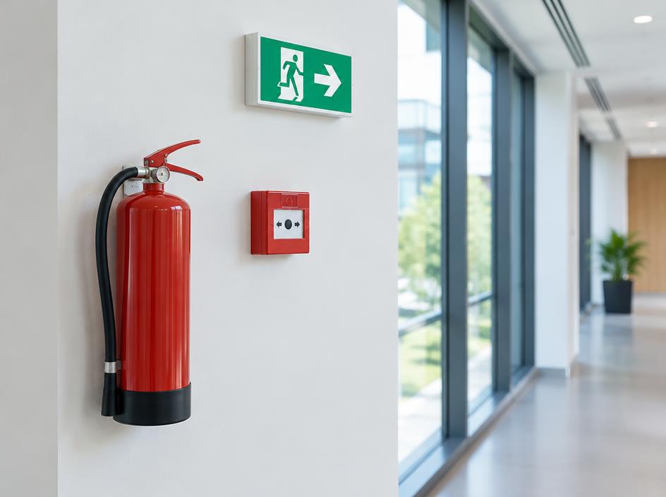 Fire extinguisher, alarm call point and exit sign in a building corridor