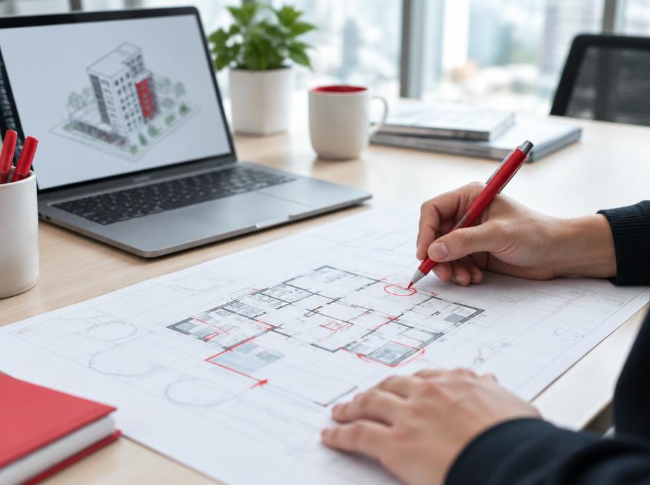 Annotated building floor plan on a desk beside a laptop