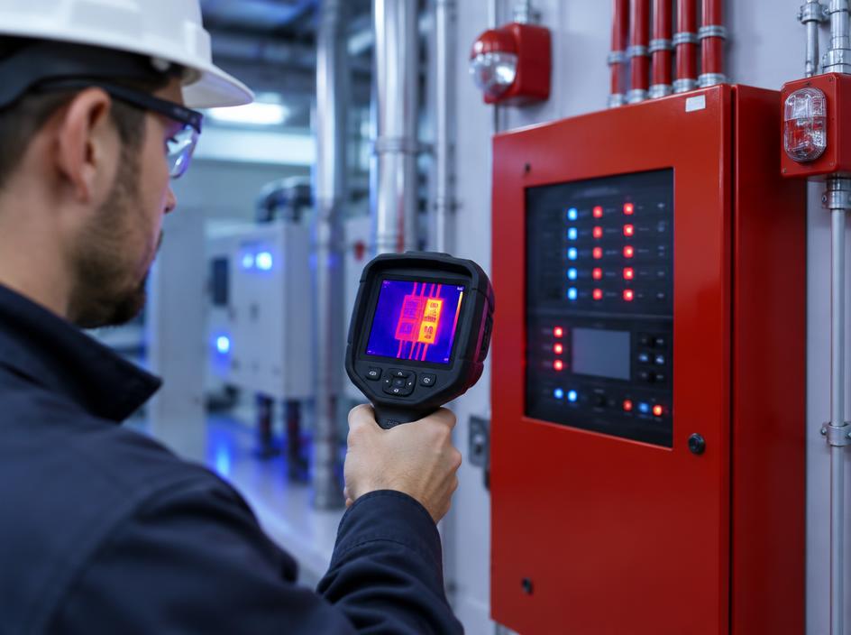 Technician using a thermal imaging camera beside a fire alarm panel